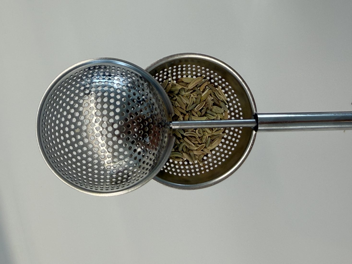 Fennel seeds in a steel tea infuser — one of The Liquid Rituals